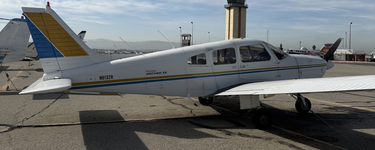 N8132R, a 1981 Piper Archer II, parked on the ramp at Chino Airport